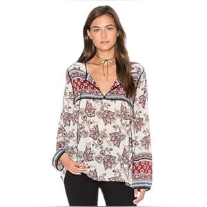 SANCTUARY Boho Cream Black Maroon Lightweight Long Sleeve Paisley Peasant Blouse